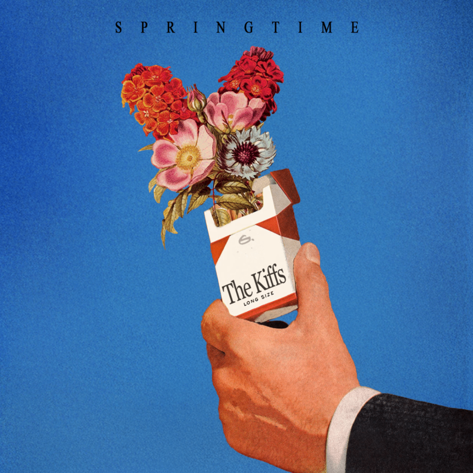 Springtime cover art: a hand holding a The Kiffs cigarette pack with flowers blooming out of it, on a blue background.