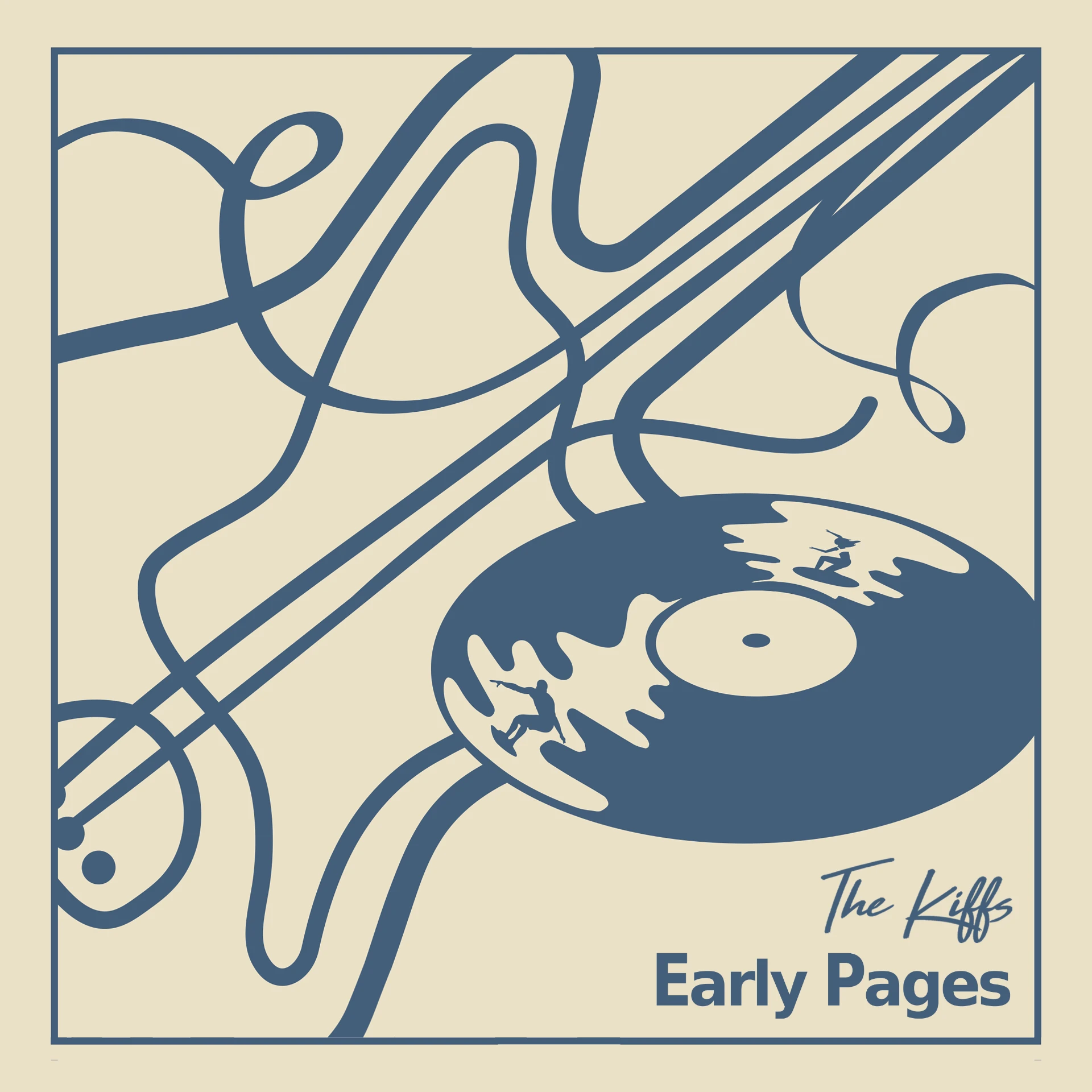 Early Pages cover art: a line-drawn guitar and a vinyl record with two surfers, in blue on cream.