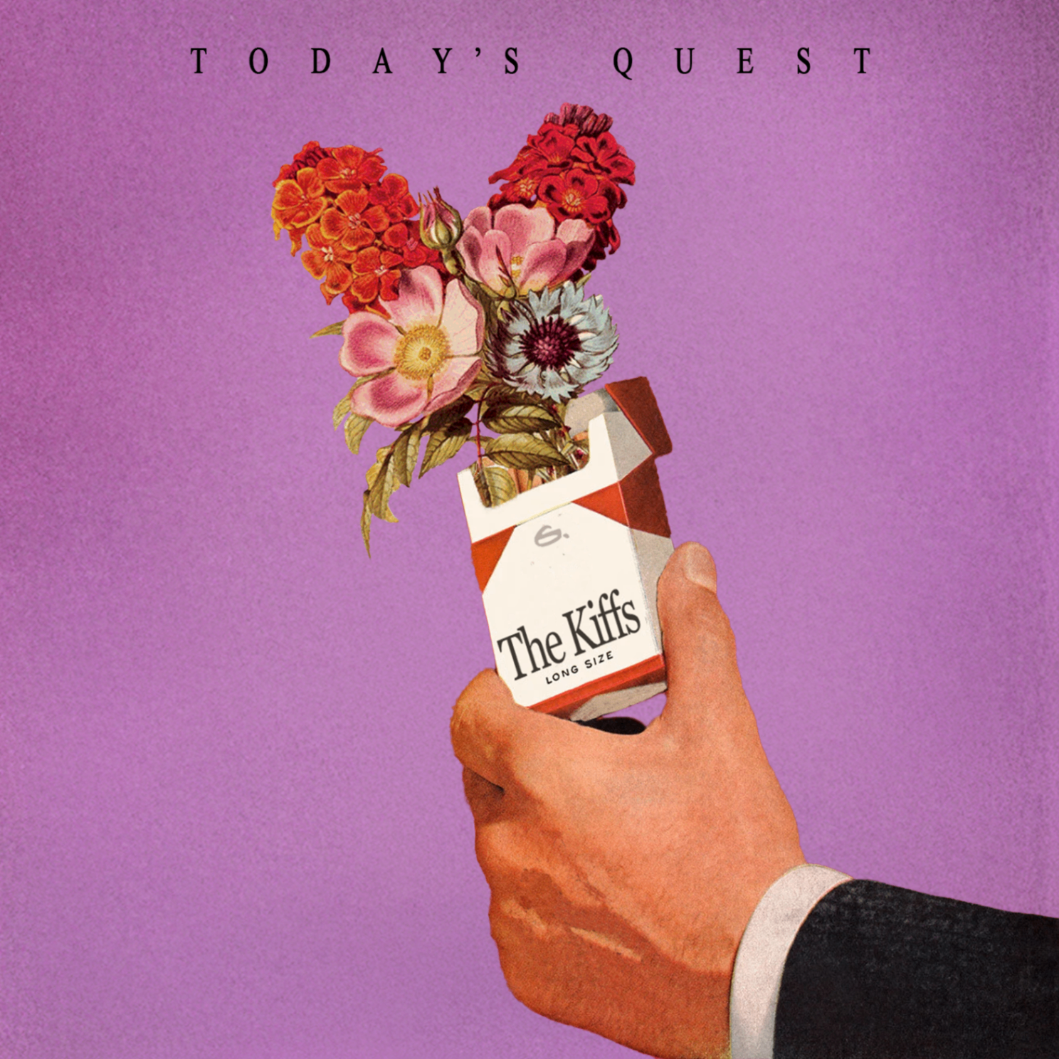 Today's Quest cover art: a hand holding a The Kiffs cigarette pack with flowers blooming out of it, on a lilac background.