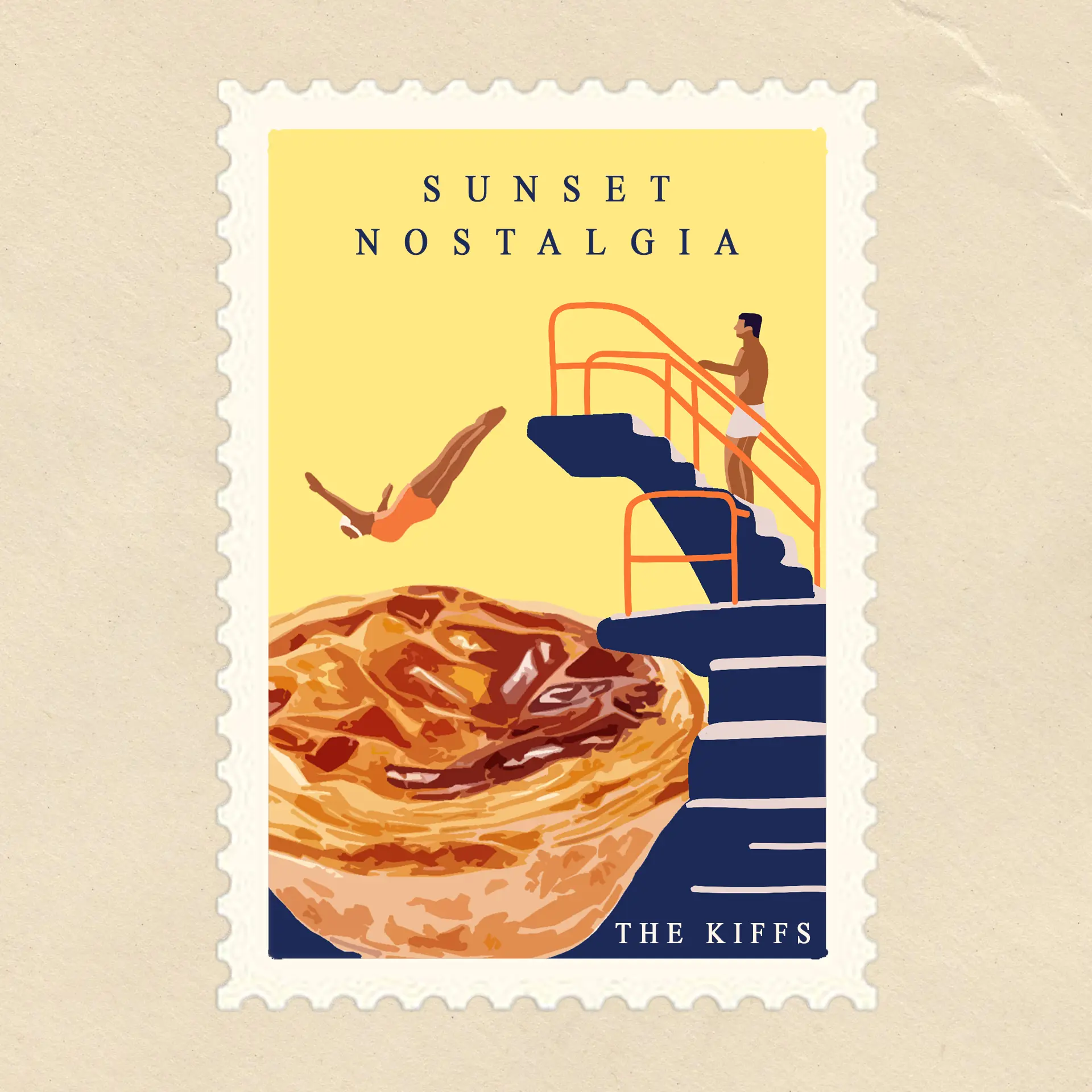 Sunset Nostalgia cover art: an illustrated postage stamp with divers on a diving tower beside a pastel de nata.